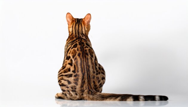bengal cat sits with his back to the camera on a white background
