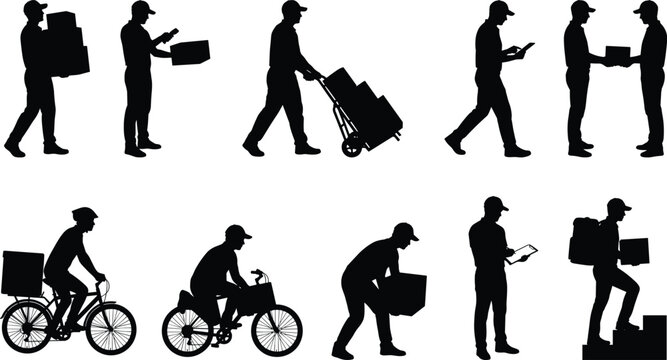 Silhouettes of delivery personnel engaged in various actions, including carrying packages, using a trolley, riding a bicycle, and climbing stairs