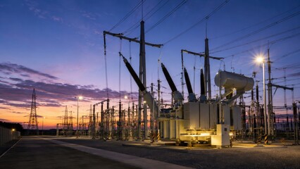 Fototapeta premium Electrical substation equipment operating at dusk in power yard
