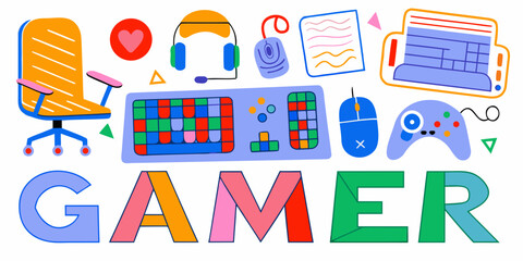 gamer equipment vector illustration keyboard mouse headphones © VectorArt