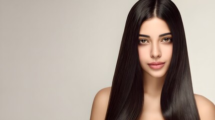 Naklejka premium Studio portrait of a beautiful young woman with long straight smooth brunette hair. Model with shiny silky hairstyle and perfect glowing skin for hair care and beauty.