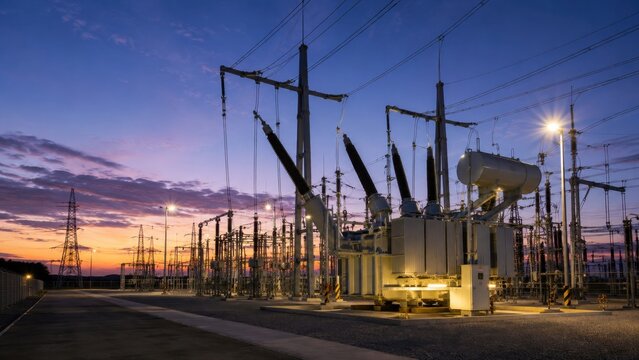Electrical substation equipment operating at dusk in power yard