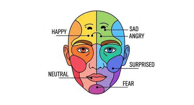 A colorful vector illustration of a human face divided into sections showing different emotional expressions for design use