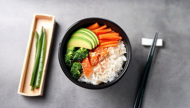 fresh healthy fast food bowl with rice vegetables and chopsticks in plastic packaging mockup for delivery concept