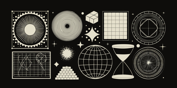 retro wireframe objects on black background cube