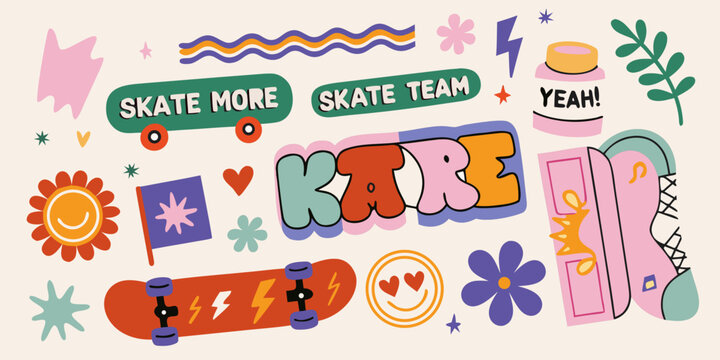 skateboard doodles colorful vector illustration skate culture