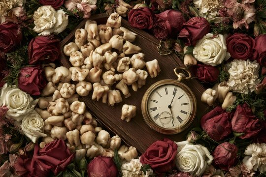 An unsettling still life arrangement of human teeth and a vintage pocket watch surrounded by roses.