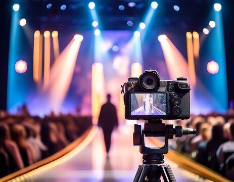 a camera on a tripod films a runway at a fashion show with soft focus lights