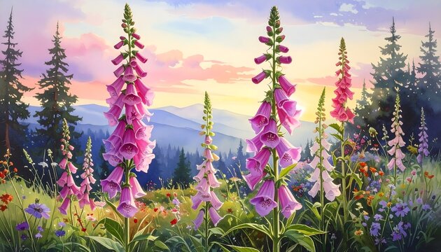 Vibrant purple penstemon flowers blooming in a sunlit mountain meadow at dawn