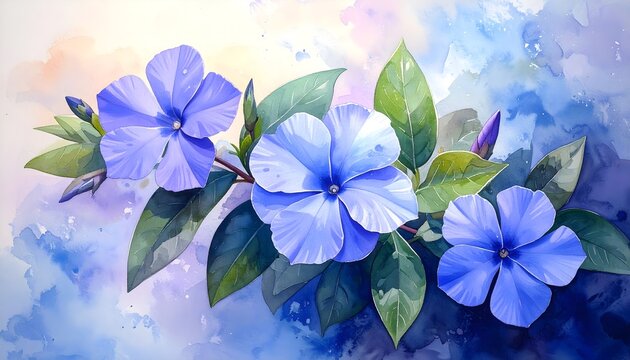 Watercolor painting of blooming periwinkle flowers with green leaves on soft blue background