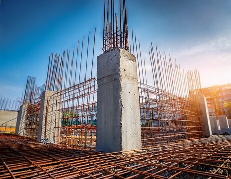 unfinished concrete column with rebar grid at urban construction site use for construction progress urban planning engineering strength themes