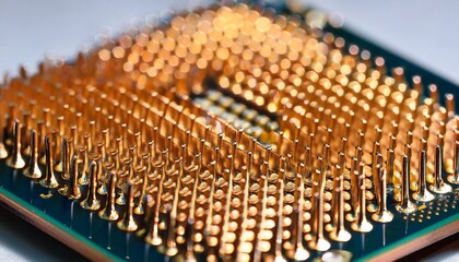 Fototapeta premium detailed view of the underside of a computer processor cpu with numerous gold pins highlighting its intricate hardware and technological design