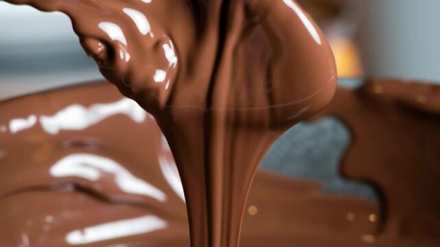 Melted chocolate is dripping from a spoon into a bowl. The chocolate is smooth and glossy.
