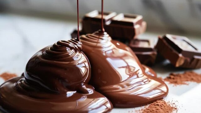 Melted chocolate is being poured onto a surface near chocolate bars and cocoa powder. The rich, glossy chocolate creates pools and swirls.