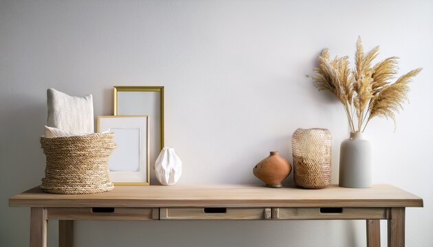 coastal style interior featuring console table by white wall with interior mockup