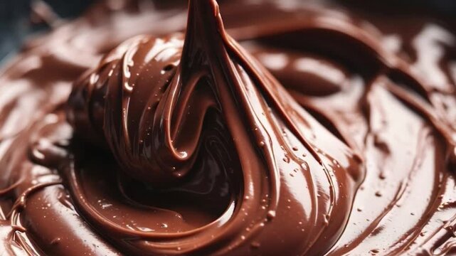 A close-up, macro shot of rich, dark chocolate frosting or ganache with a glossy finish being scooped with a spoon. The frosting is deeply brown.