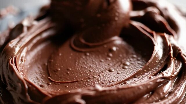 A high-resolution shot captures the texture and rich color of melted dark chocolate being swirled with a spoon. The chocolate is thick, glossy, and exhibits a smooth, viscous consistency.