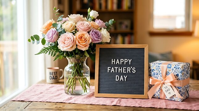 Happy Father's Day gift setup with flowers and chalkboard