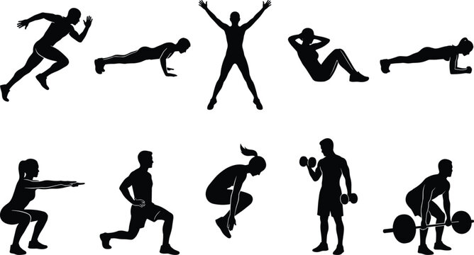 Silhouettes of people performing various exercises and fitness activities