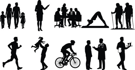 Obraz premium Collection of Silhouettes Showcasing Various Human Activities and Lifestyles Including Family, Business, Fitness, and Recreation