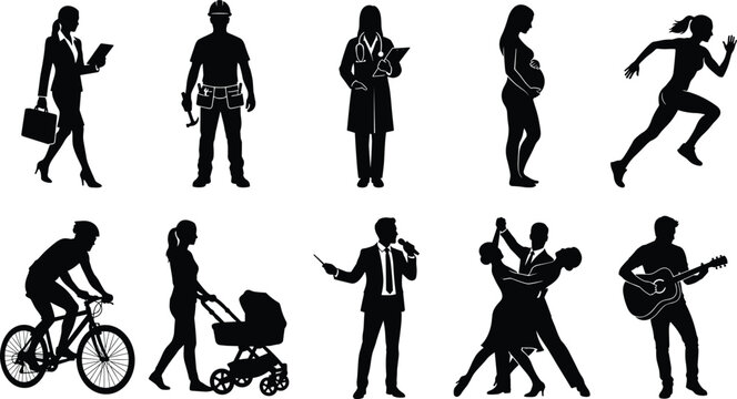 Diverse Silhouettes Representing Various Professions, Lifestyles, and Activities