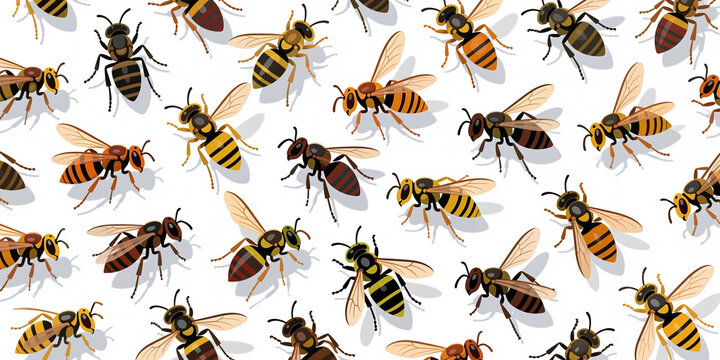A repeating pattern of cartoon bees with different shades of yellow, black, and brown stripes, featuring varying wing positions and shadow effects on a white background.