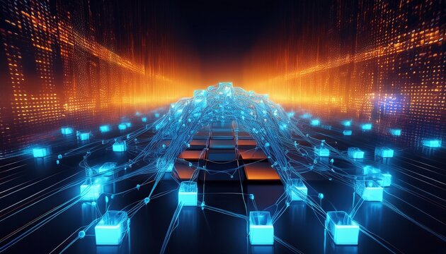 a luminous blue blockchain of interconnected digital links embedded with code floats against a background of glowing orange binary streams