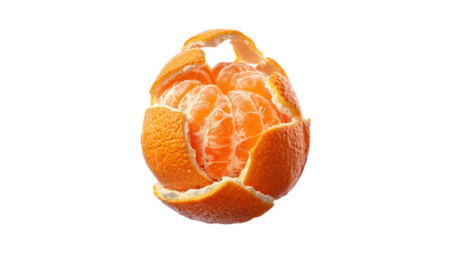 Fresh peeled tangerine fruit with hanging orange zest vitamin c tangerine mandarin nutrition vegetarian ingredient isolated as PNG