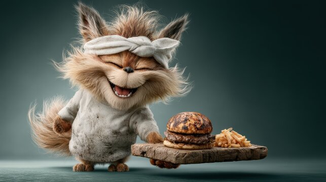 Cheerful Fox in White Chef Jacket Presents Perfectly Grilled Burger and Golden Fries