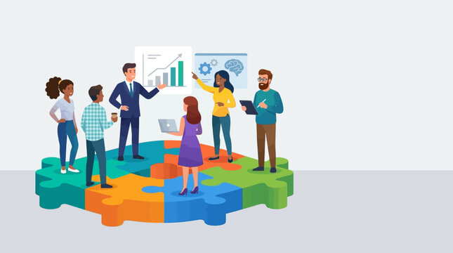 Collaborative Business Teamwork Diverse professionals standing on colorful puzzle pieces analyzing growth charts and brain icons ideal for corporate presentations and business strategy.