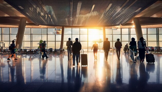 crowded airport terminal with backlit passengers and luggage