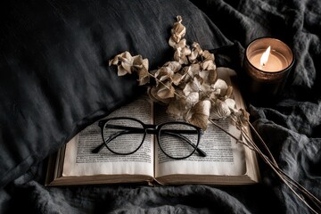 Fototapeta premium Cozy and atmospheric scene with an open book, spectacles, dried flowers, and a lit candle on dark fabric.