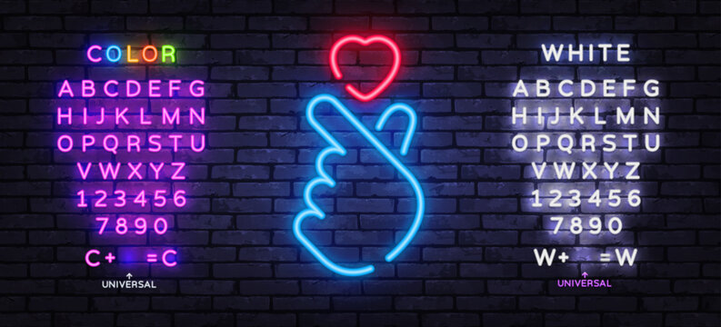 Neon hand gesture set featuring finger heart and love symbol, with customizable neon alphabet and numbers for adding personalized captions and branding.