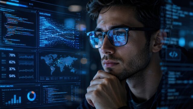 Man analyzing data dashboards in dark tech control room