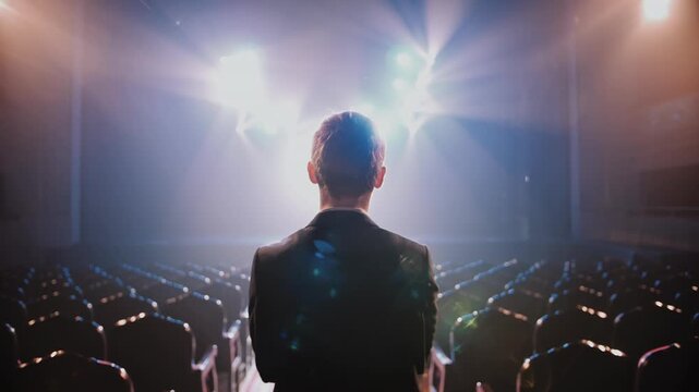 Slow Dolly Zoom Out from a Man from Back on Stage. Searching for Self Concept