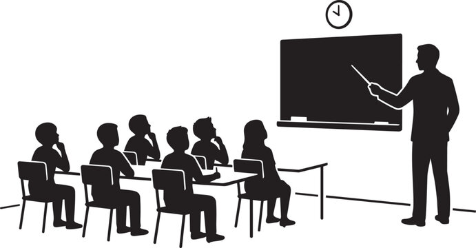 Teacher Pointing At Chalkboard With Stick Facing Classroom Silhouette Vector Illustration