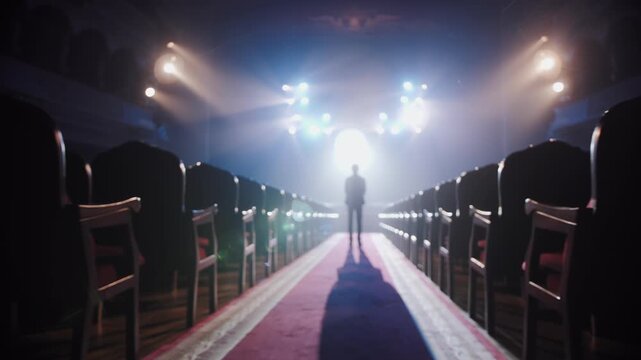 Man Silhouette in Empty Hall Facing Bright Light. Searching for Self Concept