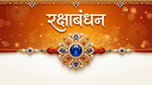 Raksha Bandhan Hindi Typography Banner with Decorative Rakhi Ornament and Festive Greeting Background