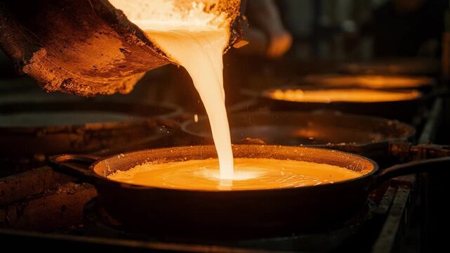 Medium shot of molten aluminum being poured into traditional pan molds for uniform thickness and optimal heat conduction in kitchen cookware