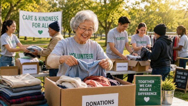 Senior volunteer sorting clothing donations at outdoor charity drive
