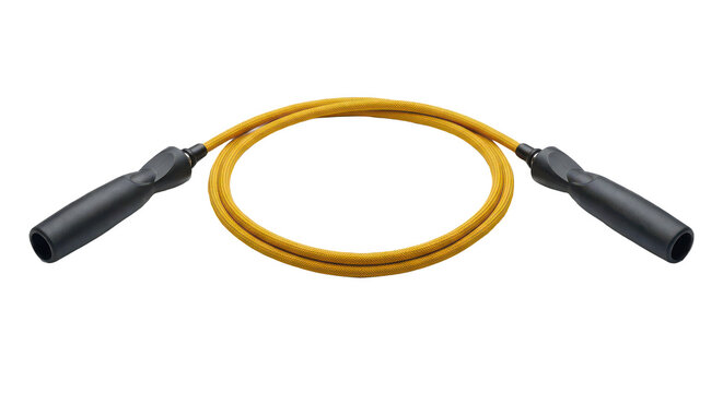 A yellow braided jump rope with black ergonomic handles is coiled in a circle.