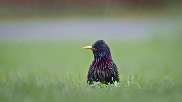 Adult European Starling in rainfall on grassy field, slow motion video