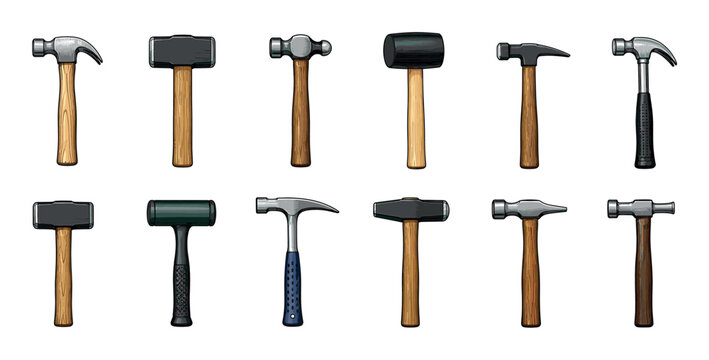 A collection of various types of hammers including claw hammers, mallets, sledgehammers, and ball-peen hammers for construction, carpentry, and home improvement projects