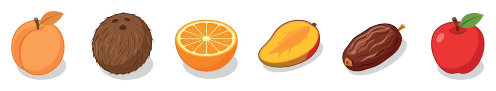Isometric fruit collection including peach coconut orange mango date and red apple icons for healthy food design and grocery store graphics