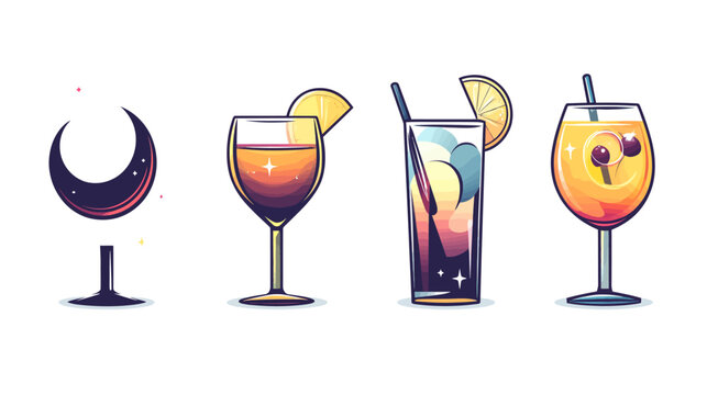 Four stylized drinks, including a crescent moon, wine glass with lemon, cocktail, and a stemmed glass