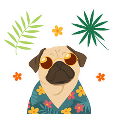 Obraz premium Cute Pug Dog in Hawaiian Shirt and Sunglasses with Tropical Leaves and Flowers – Summer Vector Illustration