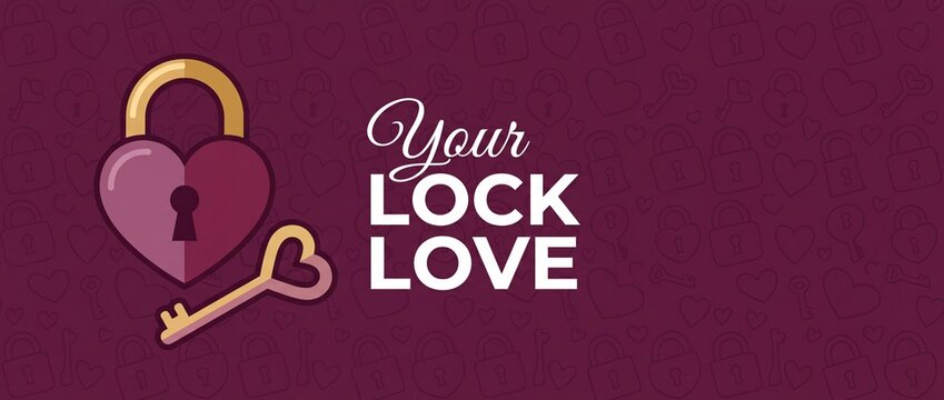 Heart padlock key love banner design with cute romantic text graphic on burgundy seamless lock pattern background for valentines day wedding card celebration greeting template concept invitation