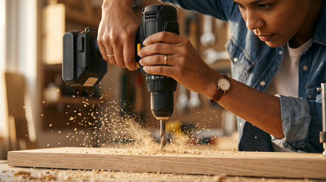 Young woman using a cordless power drill on a wooden plank in a workshop