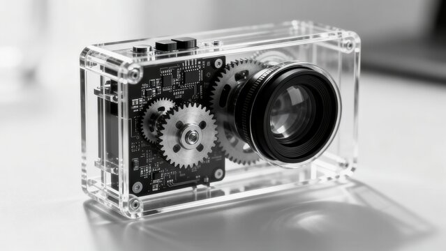 Transparent camera with exposed gears