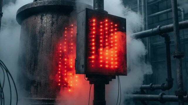 Medium shot focusing on the alarm indicator panel adjacent to the furnace shell signaling temperature alerts detected by integrated thermal sensors